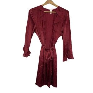 Oscar de la Renta Pink Label Red Satin Robe Ruffle Trim Midi Womens Large